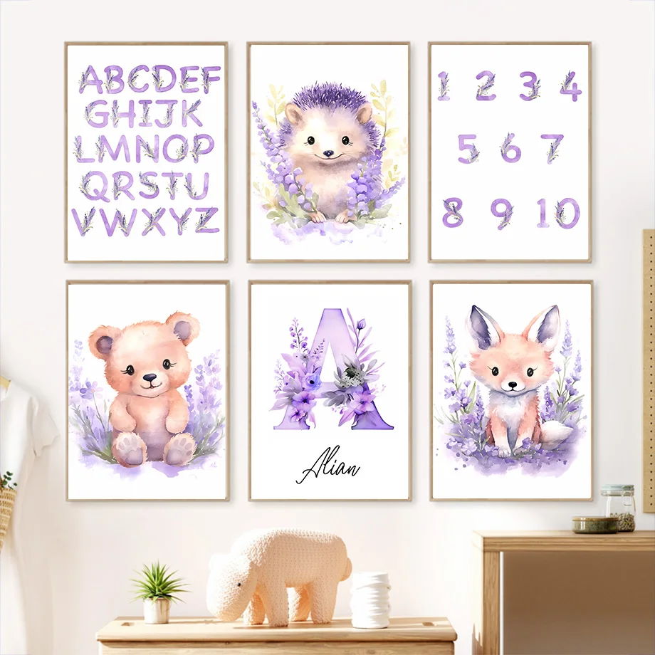 

Custom Name Forest Animal Owl Fox Bear Rabbit Purple Nursery Wall Art Canvas Painting Poster Prints Picture Baby Kids Room Decor