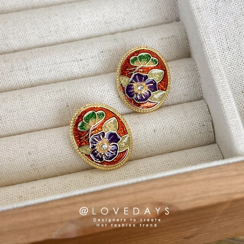 

Minar Retro Colorful Enamel Geometrical Oval Earring for Women Female Metal Flower Camellia Stud Earrings Chinese Style Jewelry