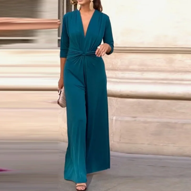 

Casual Front Twist Pleat Solid Wide Leg Overalls Fashion Deep V Neck Sexy Commuting Jumpsuit Elegant Long Sleeve Women's Romper