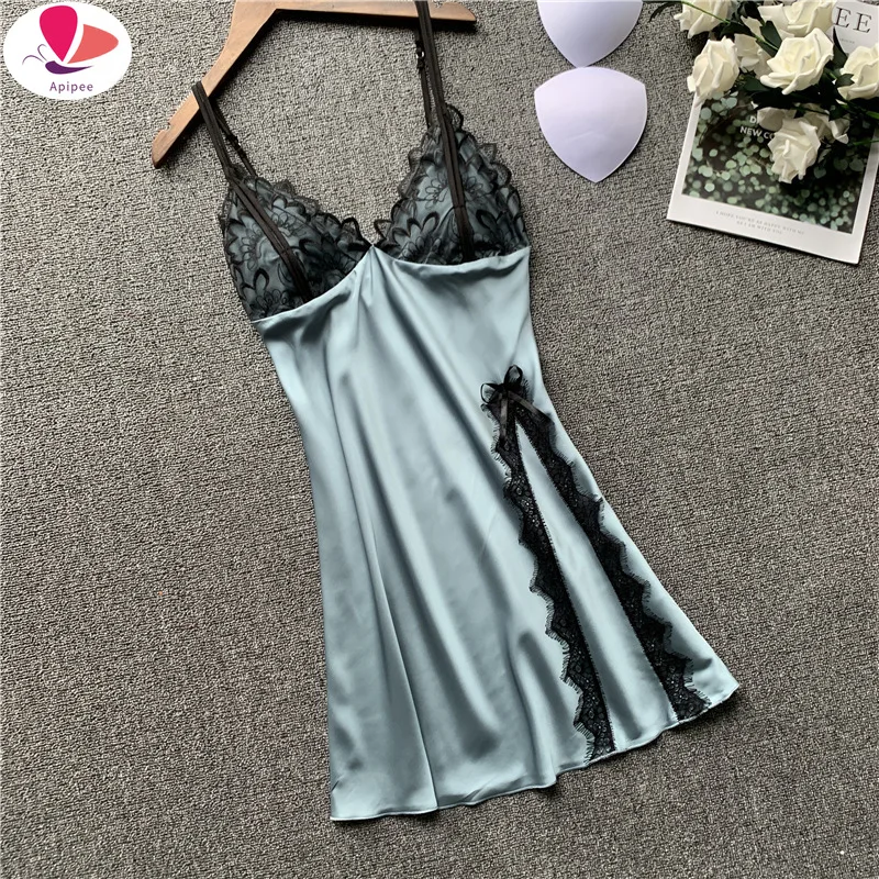 

2022 Woman Ice Silk Sexy Camisole Nightgown V-Neck Lace Imitate Real Silk Nightwear