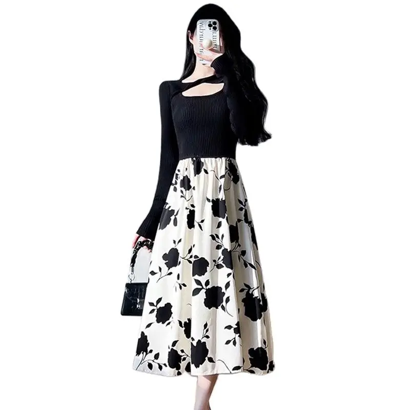 

Lnk Printing Chiffon Skirt Women Spring/Summer 2023 New High-End Retro A-word Simple Big Swing Skirt Drape Casual Dress Women