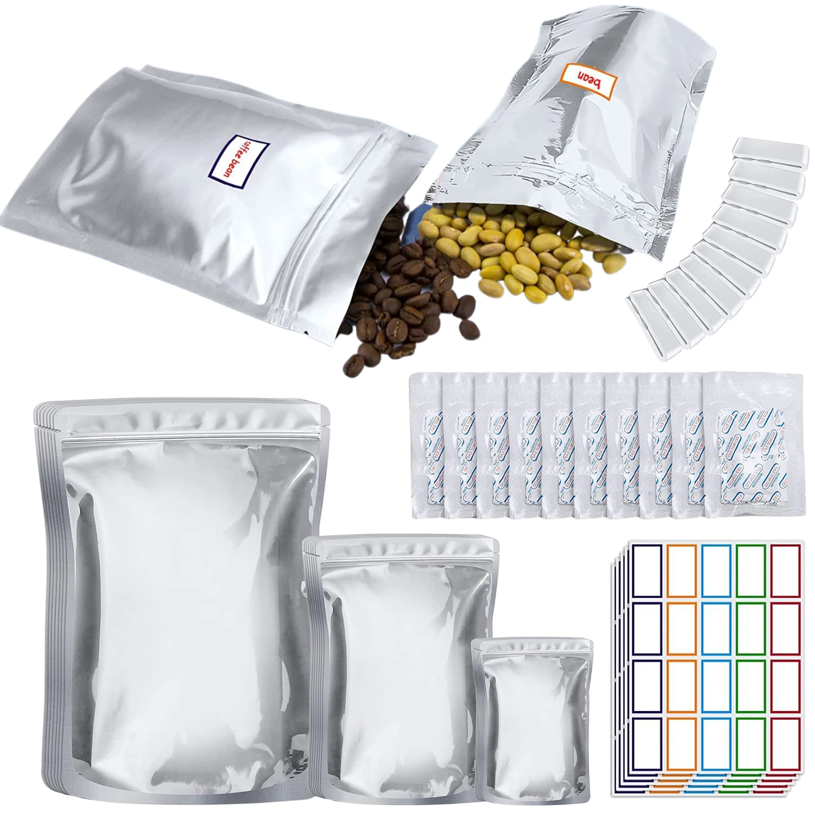 

100Pcs Mylar Bags for Food Storage Thicken Reusable Heat Sealable Airtight Smell Proof Packaging Baggies with Oxygen Absorbers