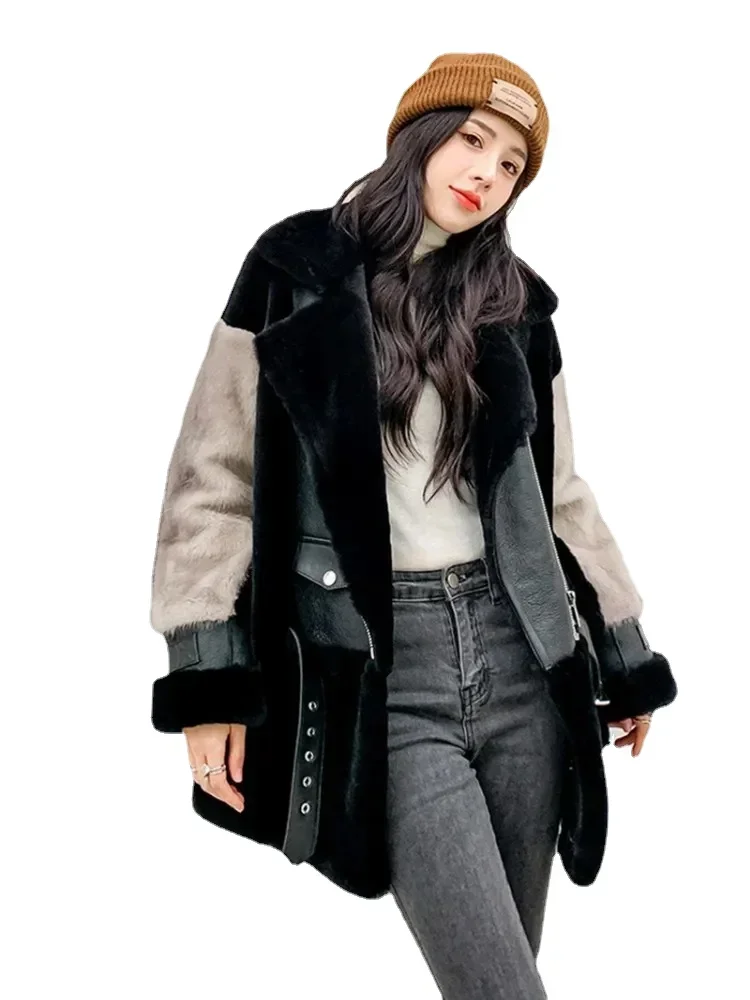 Модное женское зимнее пальто из меха норки в стиле пэчворк, шерстяное пальто свободного покроя, теплое пальто из натурального меха, уличная мотоциклетная куртка из овечьей шерсти