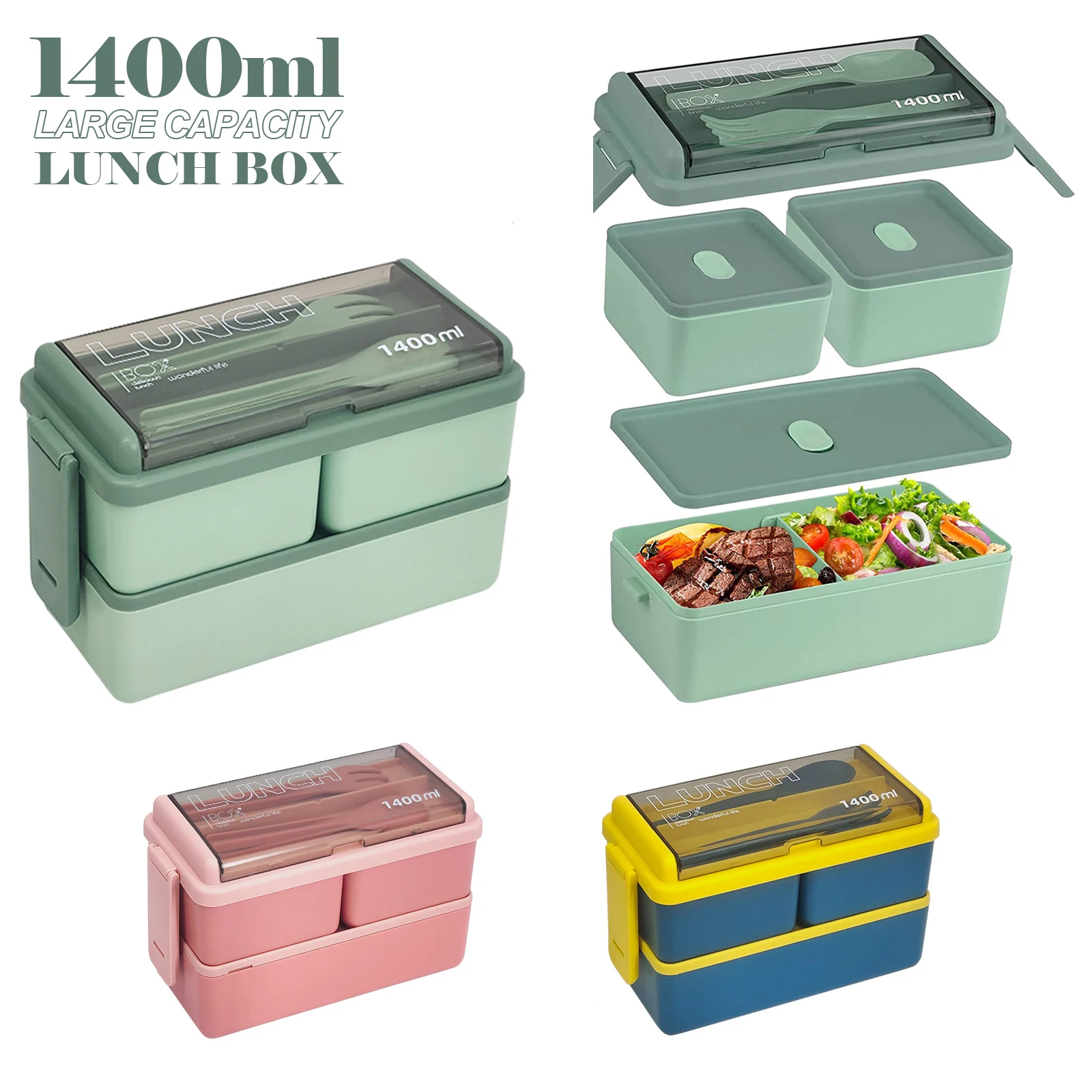 

Kitchen 1400ml Microwave Lunch Box Separate Dinnerware Food Storage Container Children Kids School Office Portable Bento Box