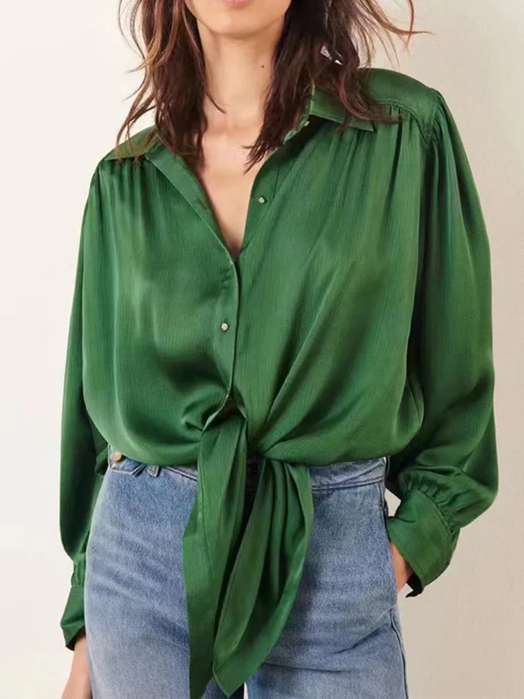 

Women Knot Design Shirt Elastic Waist Turn-down Collar Long Sleeve Female Single Breasted Blouse 2023 Early Autumn