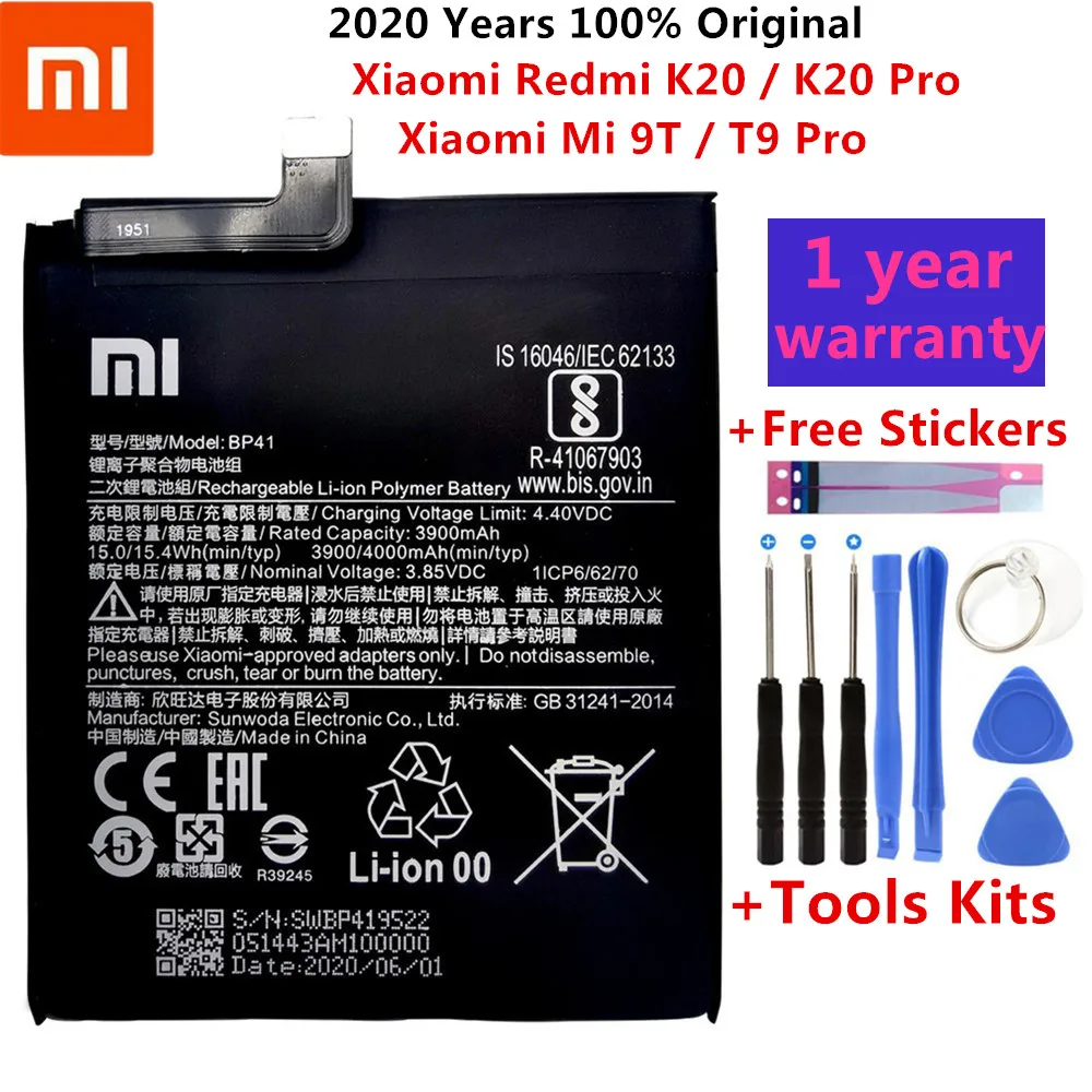 Xiao Mi Original Phone Battery BP41 4000mAh for Xiaomi Redmi K20 / Mi 9T / K20 Pro / 9T Pro Replacement Battery +Tools Kits
Xiao Mi Original Phone Battery BP41 4000mAh for Xiaomi Redmi K20 / Mi 9T / K20 Pro / 9T Pro Replacement Battery +Tools Kits
