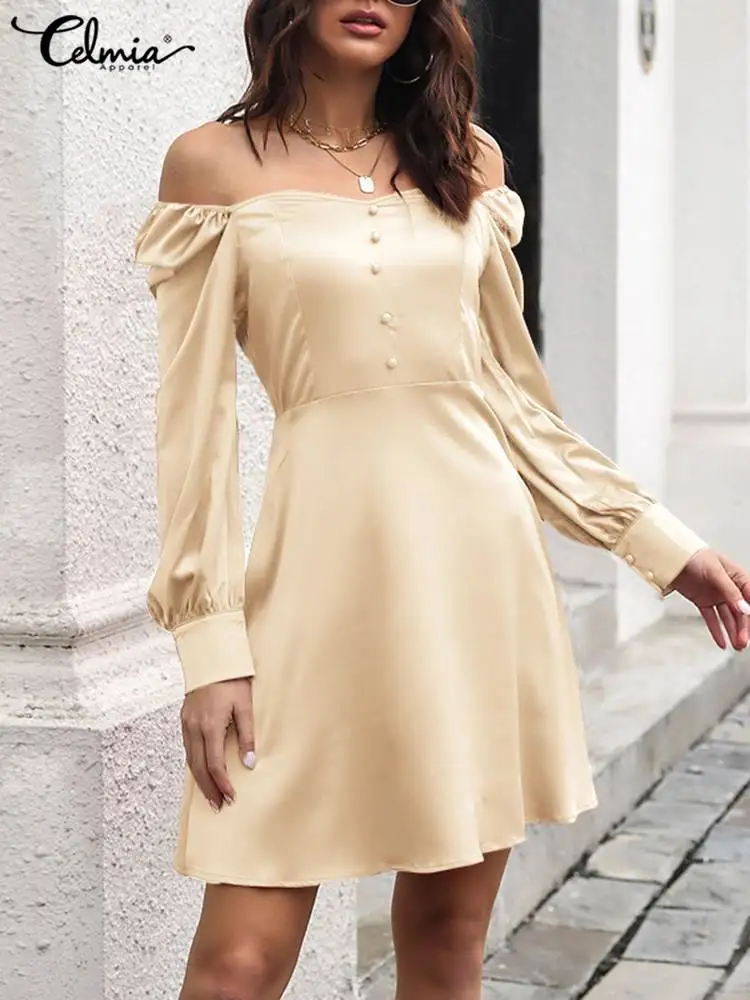 Celmia Elegant Satin Party Mini Dress Women Sexy Square Collar Elastic Shoulder Short Vestidos Fashion Long Puff Sleeve Robes 
Celmia Elegant Satin Party Mini Dress Women Sexy Square Collar Elastic Shoulder Short Vestidos Fashion Long Puff Sleeve Robes