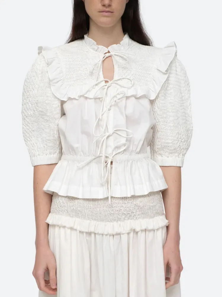 Women Ruffles Trim Lace-Up O-Neck Blouse Short Puff Sleeve White Pleated Shirt 2023 Summer
Women Ruffles Trim Lace-Up O-Neck Blouse Short Puff Sleeve White Pleated Shirt 2023 Summer
