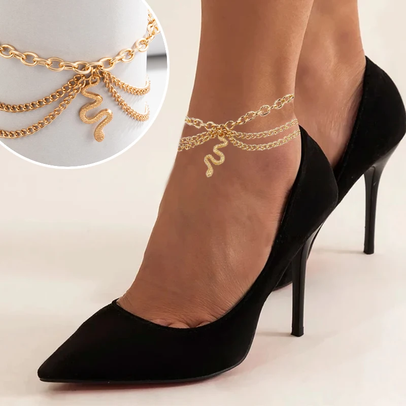 

Bohemian style Tassel Snake Shaped Pendant Anklet Golden Multilayer Fashionable Summer Beach Link Chain Anklets Jewelry Women