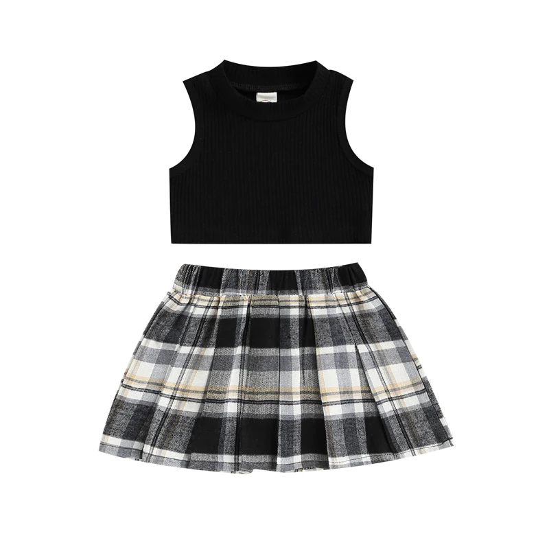 Toddler Girl Fashion Outfits Set, Solid Color Ribbed Sleeveless Tank Tops + Elastic Waist Contrast Color Plaid Pleated Skirt
Toddler Girl Fashion Outfits Set, Solid Color Ribbed Sleeveless Tank Tops + Elastic Waist Contrast Color Plaid Pleated Skirt