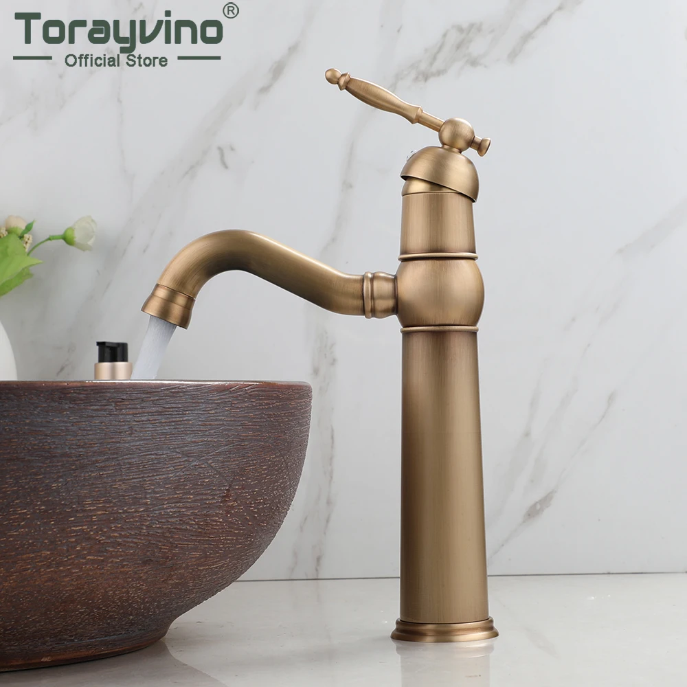 

Torayvino Bathroom Facuet Antique Brass Swivel Spout Deck Mounted Basin Single Handle Bathroom Vessel Sink Mixer Tap Vess Faucet