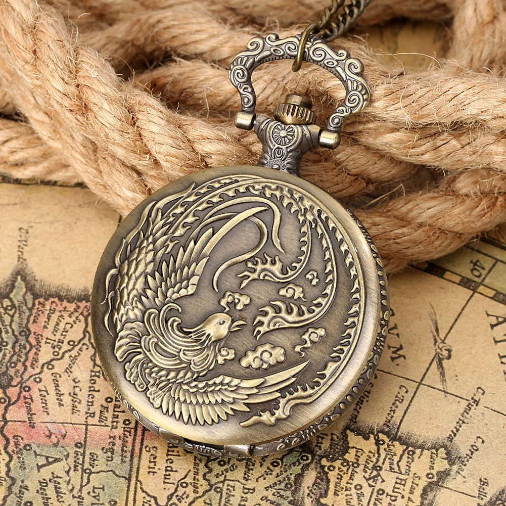 

Bronze Phoenix Pattern Case Pendant Pocket Watches Vintage Quartz Pocket Watch Necklace Clocks Gift Arabic Numerals White Dial
