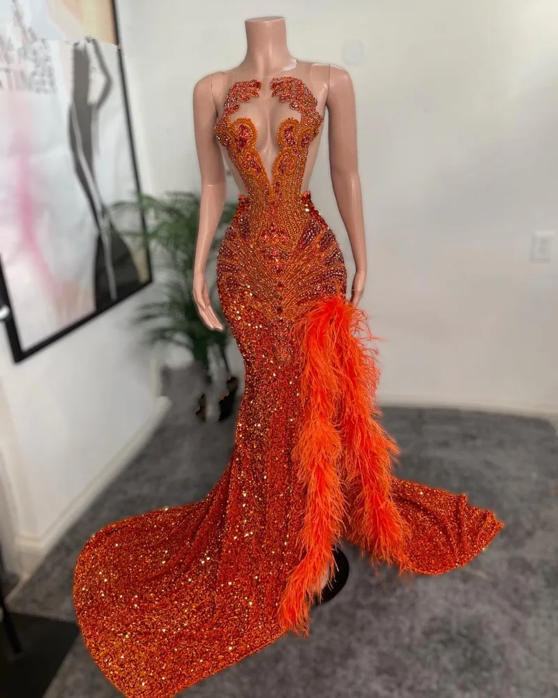 Orange Feathers Prom Dresses For Black Girls High Split Beaded African Women Pageant evening Gowns Vestido De Graduación
Orange Feathers Prom Dresses For Black Girls High Split Beaded African Women Pageant evening Gowns Vestido De Graduación
