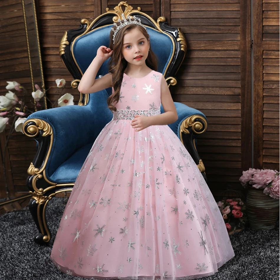 

Girls Wedding Dresses For Kids Sleeveless Mesh Snowflake Flower Princess Long Gown Teen Girl Evening Party Prom Dress Vestidos