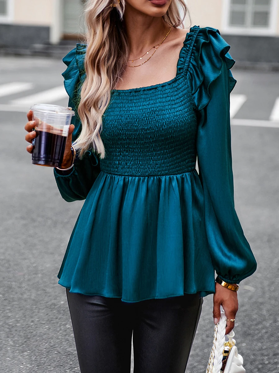 Women's Solid Color Smocked Tops Ruffle Long Sleeve Square Neck T-Shirts Autumn Newest Peplum Blouses 
Women's Solid Color Smocked Tops Ruffle Long Sleeve Square Neck T-Shirts Autumn Newest Peplum Blouses