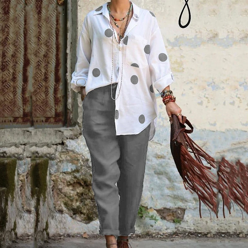 Vintage Polka Dot Print Set Women Casual Turn-down Collar Long Sleeve Tops And Pants Outfits Female Elegant Loose Two Piece Suit
Vintage Polka Dot Print Set Women Casual Turn-down Collar Long Sleeve Tops And Pants Outfits Female Elegant Loose Two Piece Suit