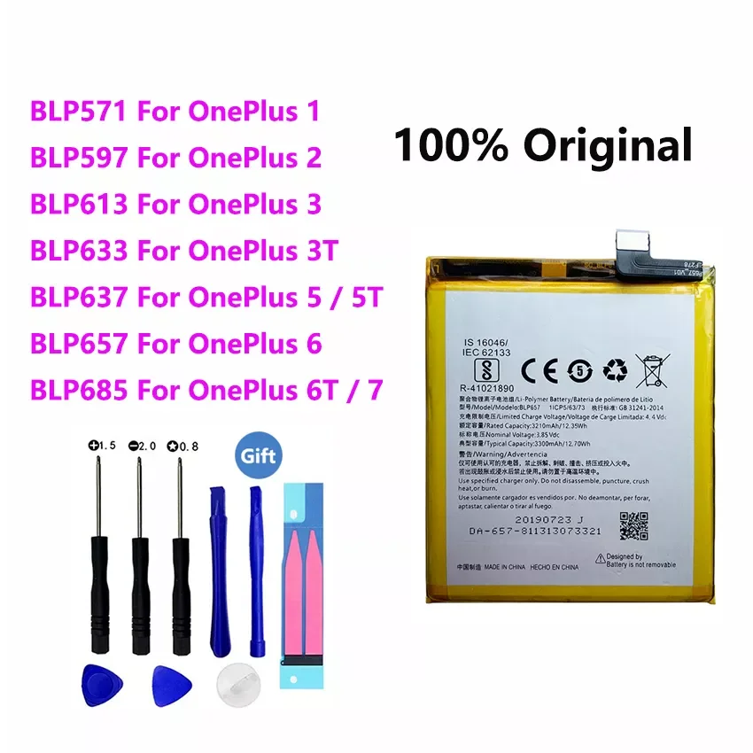 NEW2023 Original Battery For OnePlus 7 6T 6 5 5T 3 3T 2 1 1+ BLP571 BLP597 BLP613 BLP633 BLP637 BLP657 BLP685 Cell Phone Batteri
NEW2023 Original Battery For OnePlus 7 6T 6 5 5T 3 3T 2 1 1+ BLP571 BLP597 BLP613 BLP633 BLP637 BLP657 BLP685 Cell Phone Batteri