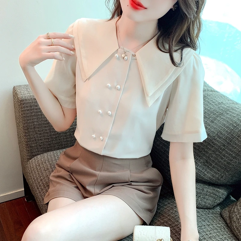 Chiffon Women's Blouse Slim Fit Peter Pan Collar Shirt Summer Short Sleeve Solid Top Female Fashion 2022 New Loose Clothing
Chiffon Women's Blouse Slim Fit Peter Pan Collar Shirt Summer Short Sleeve Solid Top Female Fashion 2022 New Loose Clothing