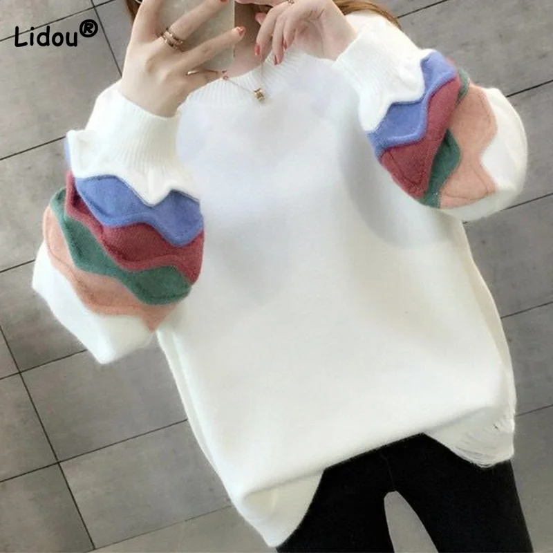 

Korean Fashion Solid Color Long Sleeve Color Blocking Striped Printing Loose O-Neck Core Spun Yarn Pullovers Knitted Sweaters