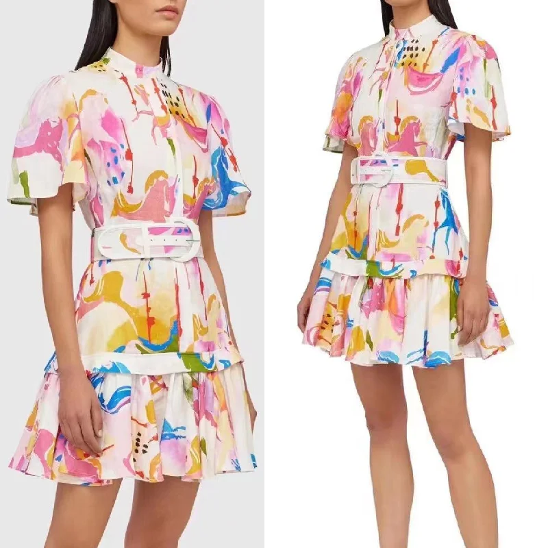 Brand design color printed belt waist closed short sleeve dress spring / summer 22 new graphic T-shirt dresses women party dress
Brand design color printed belt waist closed short sleeve dress spring / summer 22 new graphic T-shirt dresses women party dress