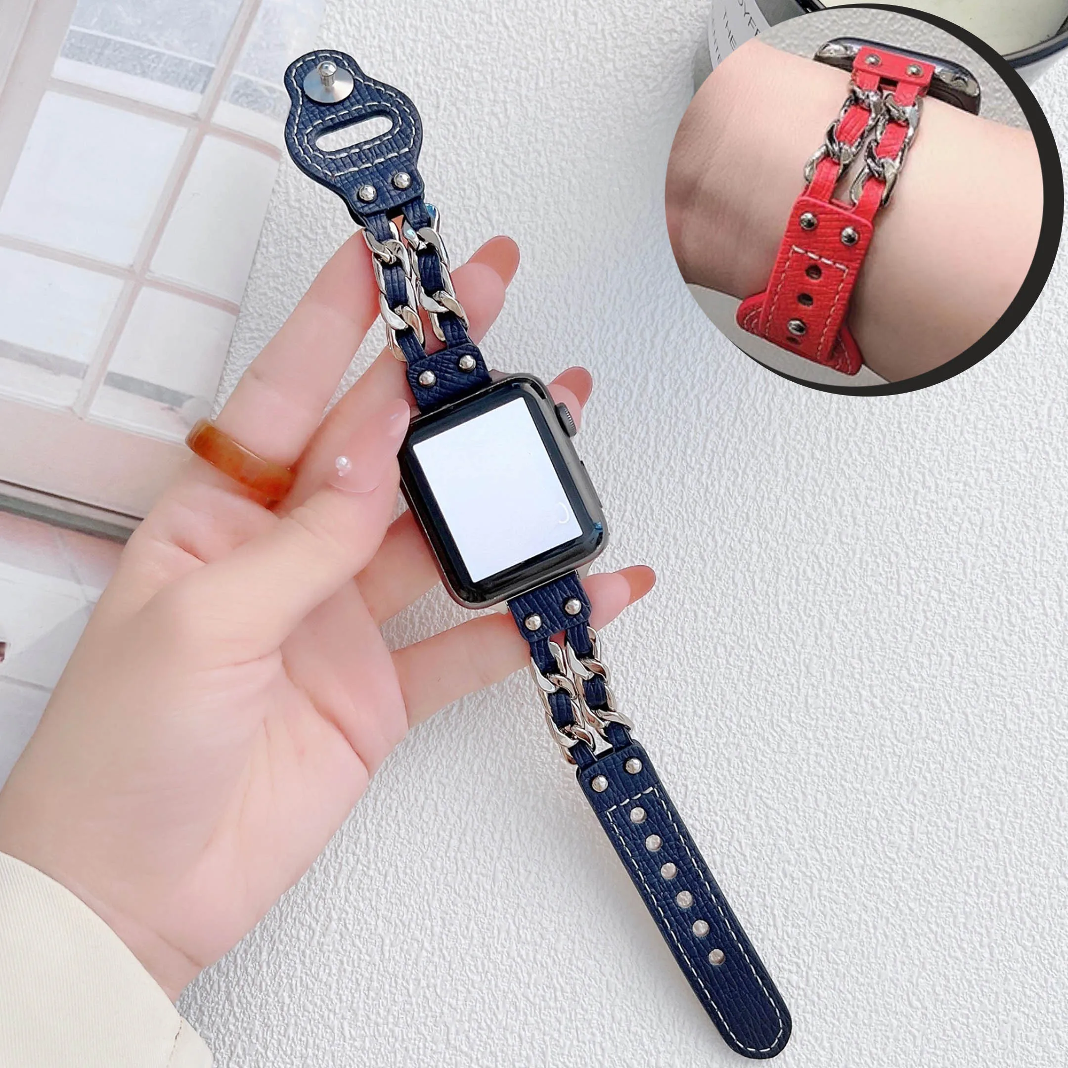 Slim Stainless Steel Leahter Strap For Apple Watch Band 7/6/5/4/3 38 42 44mm For iWatch Se 40 41 45mm Punk Chain Metal bracelet
Slim Stainless Steel Leahter Strap For Apple Watch Band 7/6/5/4/3 38 42 44mm For iWatch Se 40 41 45mm Punk Chain Metal bracelet