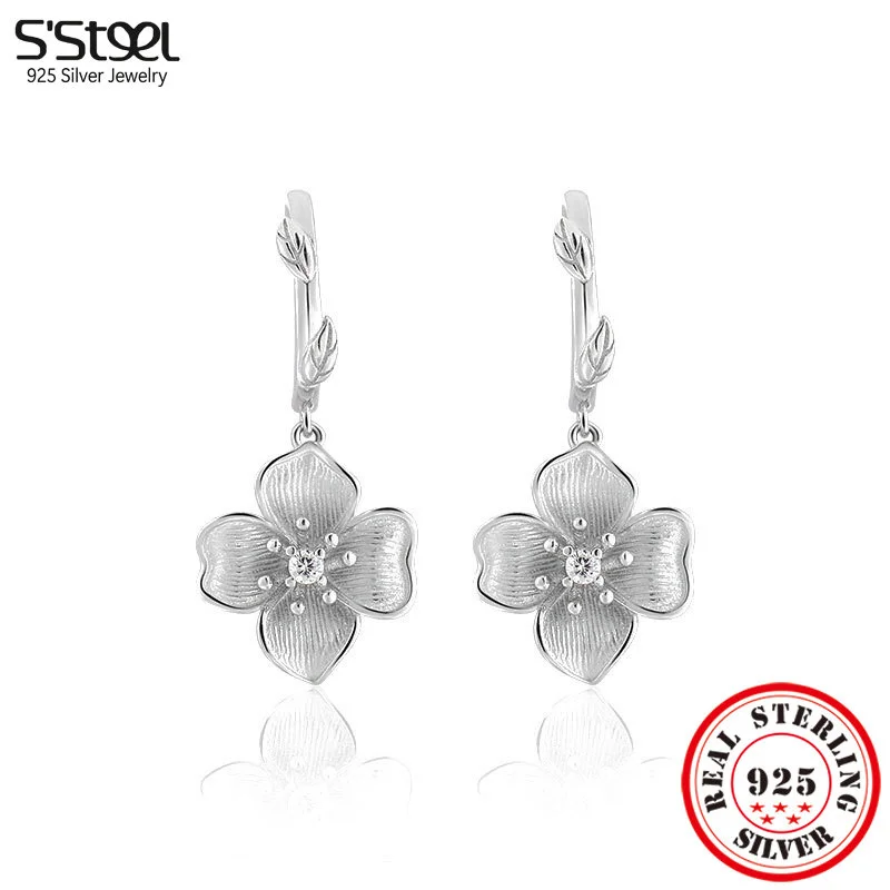 

S'STEEL Genuine 925 Silver Zircon Flower Drop Earings For Women Korean Luxury Designer Dainty Unique Earrings Engagement Jewelry