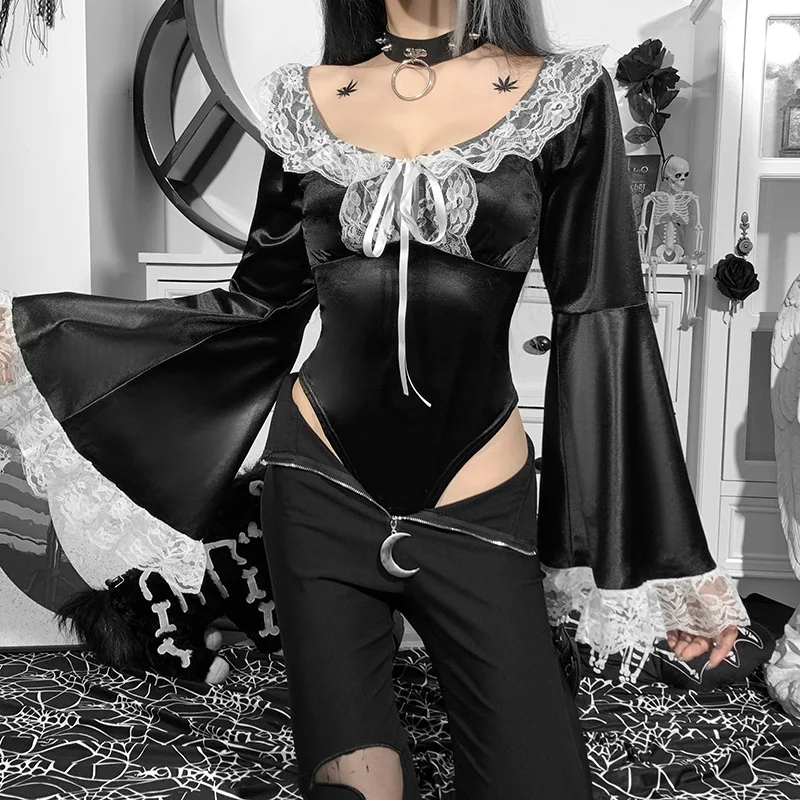 Mall Goth Sexy Black Ribbons Bodysuit Aesthetic Lace Tirm Flare Sleeve Jumpsuit Streetwear Ladies Party Club Outfits Spring
Mall Goth Sexy Black Ribbons Bodysuit Aesthetic Lace Tirm Flare Sleeve Jumpsuit Streetwear Ladies Party Club Outfits Spring