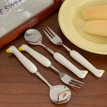 Cute Duck Ceramic Dessert Fruits Ice Cream Spoon Home Dorm Stainless Steel Salad Steak Fork Portable Picnic Camping Cutlery Set
