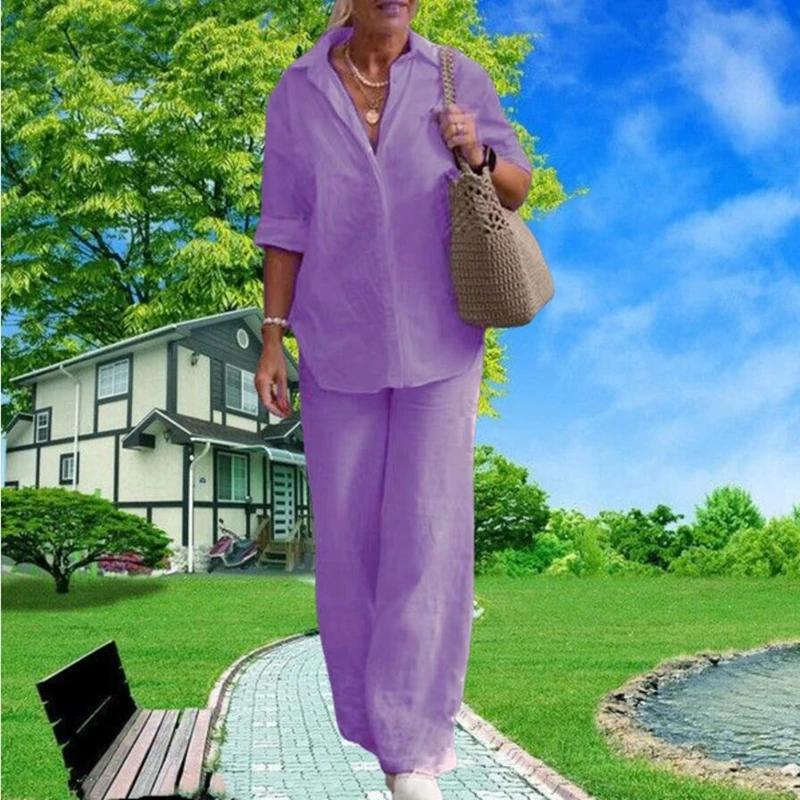 Осенний хлопковый льняной костюм для женщин, однотонные рубашки с длинным рукавом, свободные брюки, Женский Повседневный Элегантный женский комплект из 2 предметов
Осенний хлопковый льняной костюм для женщин, однотонные рубашки с длинным рукавом, свободные брюки, Женский Повседневный Элегантный женский комплект из 2 предметов
