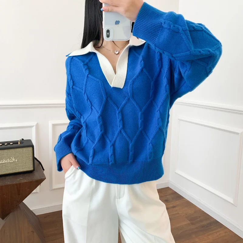 Ladies Diamond Twisted Turn-down Collar Pullover Knitwear 2022 New Women's Commuter Loose Blue Long Sleeve Short Sweater
Ladies Diamond Twisted Turn-down Collar Pullover Knitwear 2022 New Women's Commuter Loose Blue Long Sleeve Short Sweater