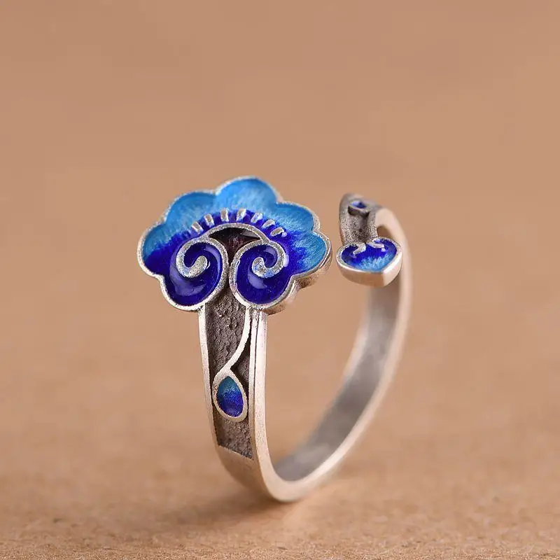 

Женское регулируемое кольцо из тайского серебра, оригинальное дизайнерское кольцо из перегородчатой эмали в стиле ретро, Серебряное Ювели...