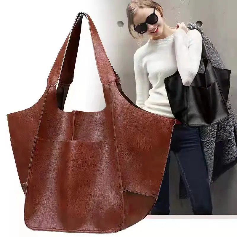 

Rretro PU Handmade Soft Beach Tote Bag High-Capacity Shoulder Solid Color Multifunction Handbags Ladies Shopper Purses Tote