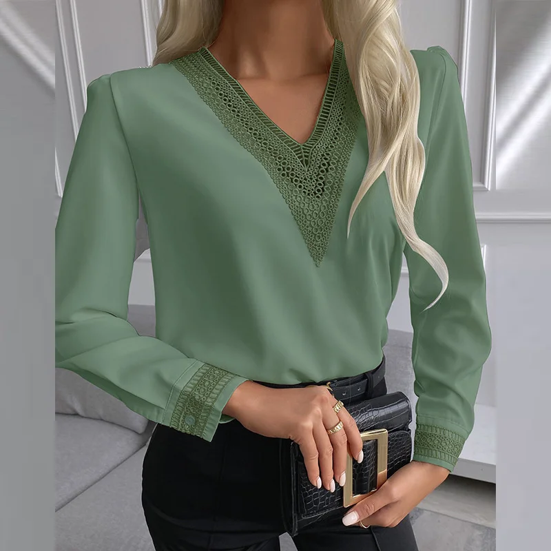 Lace Office Shirt For Female Summer Solid Color Shirts Women Fashion Lace Long Sleeve V-neck Blouse Casual Ladies Tops all-match
Lace Office Shirt For Female Summer Solid Color Shirts Women Fashion Lace Long Sleeve V-neck Blouse Casual Ladies Tops all-match