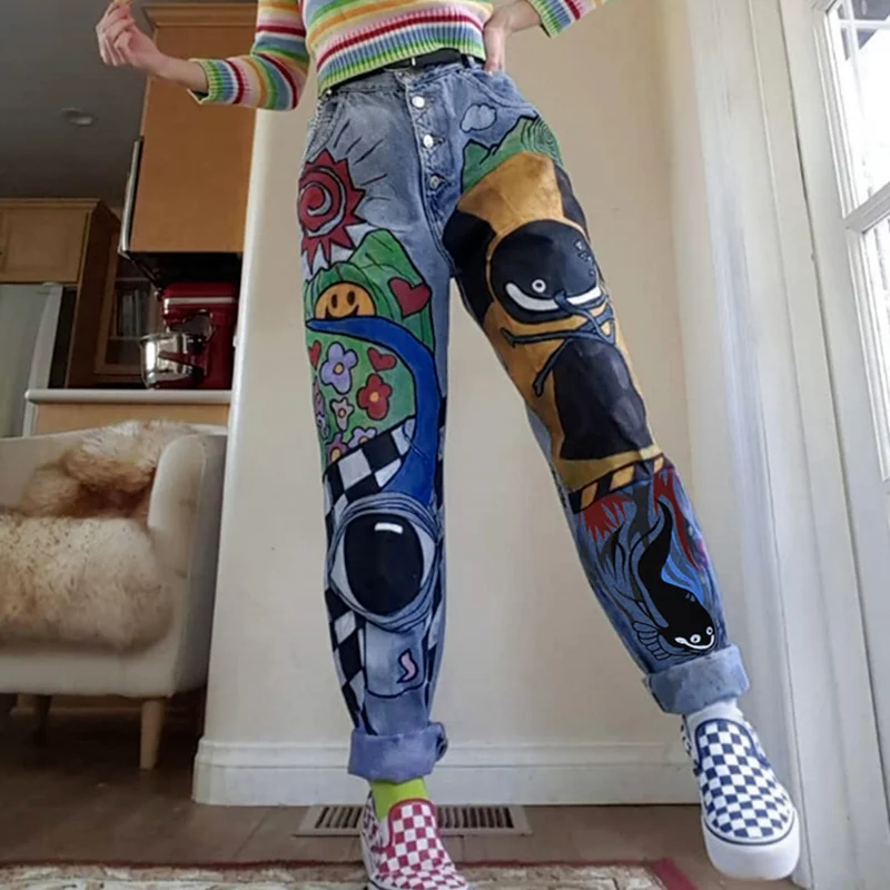 2021 Fashion Ladies Cartoon Print Jeans Harem Pants Single Breasted Large Size Casual Loose Womens High Waist Jeans Women Pant
2021 Fashion Ladies Cartoon Print Jeans Harem Pants Single Breasted Large Size Casual Loose Womens High Waist Jeans Women Pant
