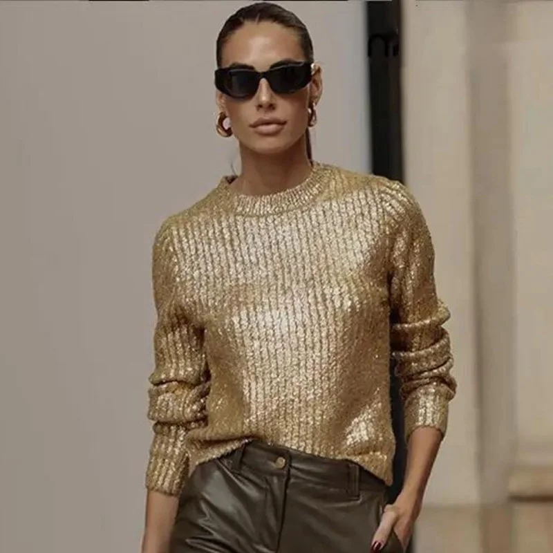 Gold Color O Neck Sweaters Women Fashion Long Sleeve Bright Silk Knit Pullover Female Autumn Elegant Office Ladies Loose Jumpers
Gold Color O Neck Sweaters Women Fashion Long Sleeve Bright Silk Knit Pullover Female Autumn Elegant Office Ladies Loose Jumpers