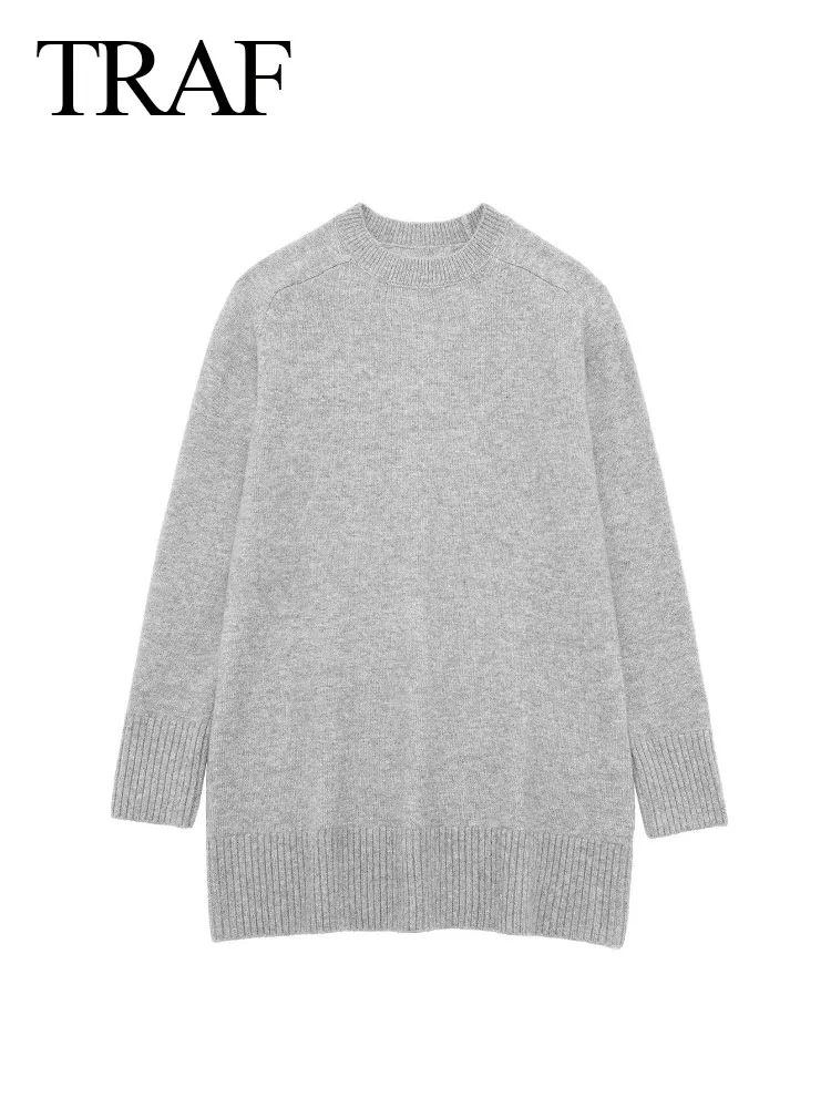 Женский трикотажный свитер с круглым вырезом и длинными рукавами