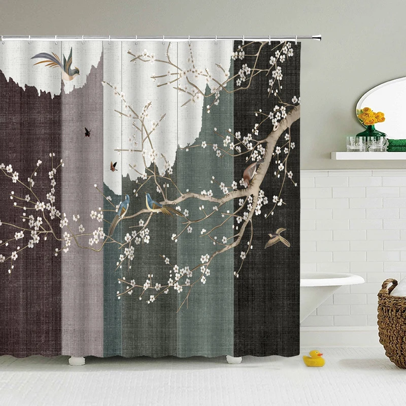 

Chinese Floral Birds Green British Style Shower Curtain with Light Green Turquoise Teal Butterfly Bathroom Curtains Hooks Mint