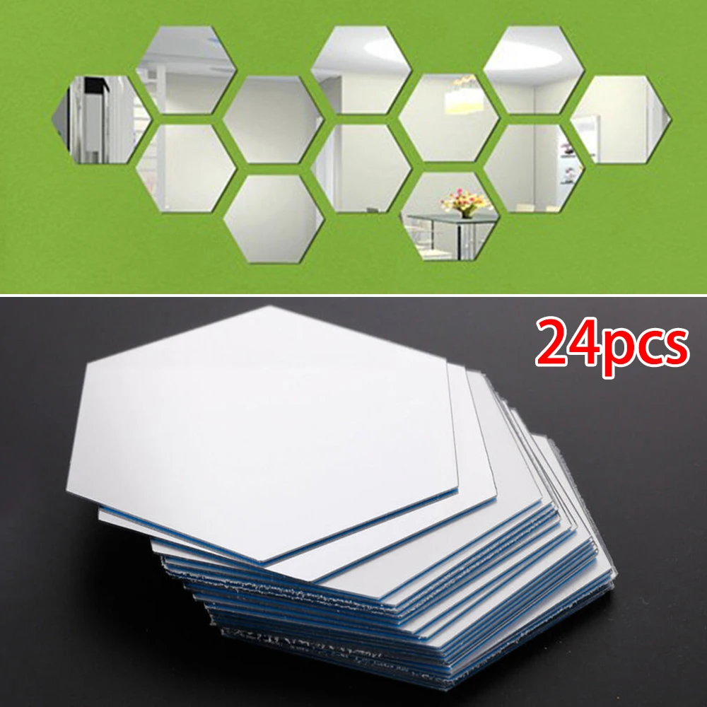 

24pcs Hexagon Mirror Sticker Self-adhesive Mosaic Tiles PS Bathroom Decorate IY Removable Living-Room Decal Art Ornaments