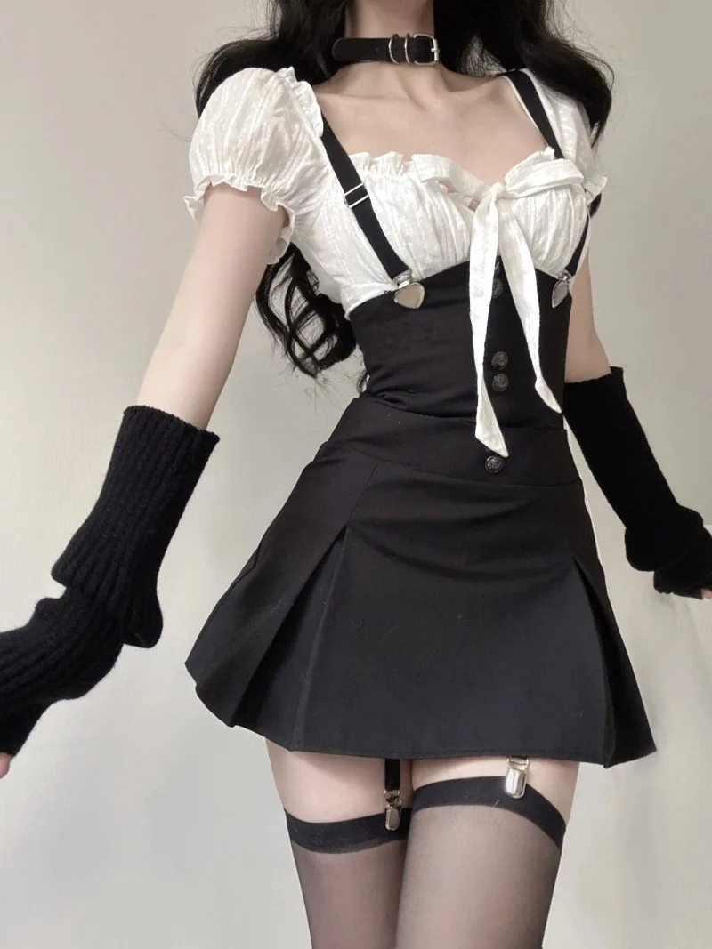 White Bow Blouse and Black Strap Dress 2 Pieces Set Y2k Min Dress Kawaii Corset Dress Lolita Style Gothic Dresses Summer 2023
White Bow Blouse and Black Strap Dress 2 Pieces Set Y2k Min Dress Kawaii Corset Dress Lolita Style Gothic Dresses Summer 2023