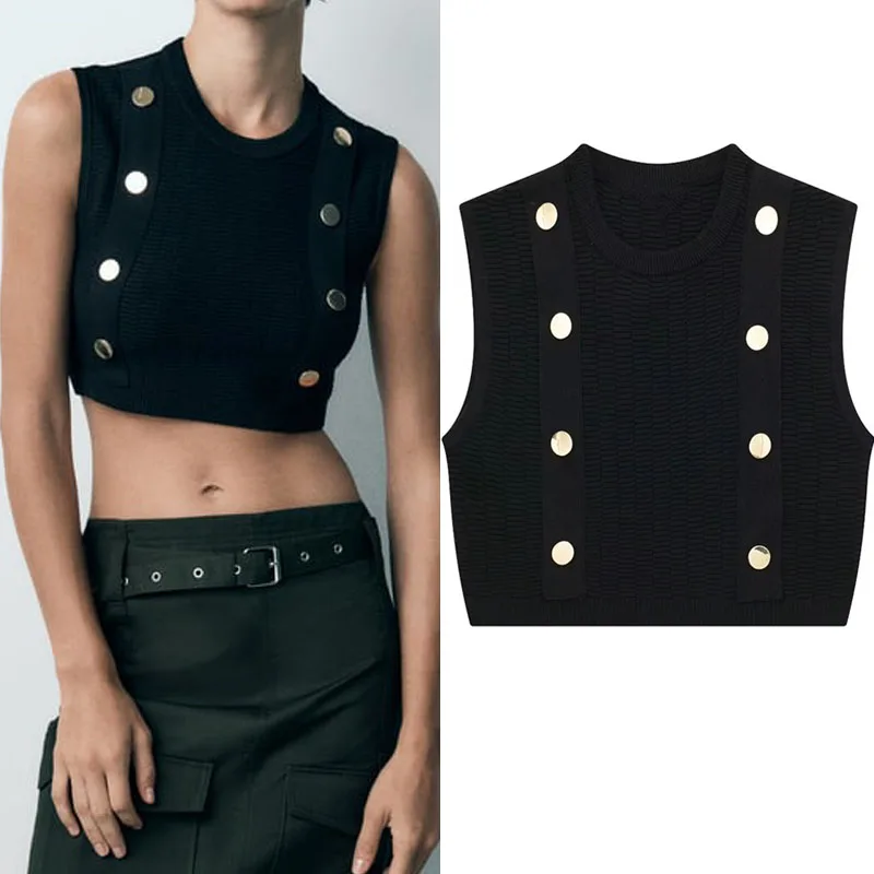 TRAF Black Buttoned Knit Top For Women Chic Round Neck Sleeveless Cropped Blouses Female Wrap Tank Tops Streetwear Y2K Clothing
TRAF Black Buttoned Knit Top For Women Chic Round Neck Sleeveless Cropped Blouses Female Wrap Tank Tops Streetwear Y2K Clothing