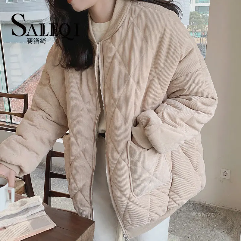 

New Khaki Corduroy Warm Jacket Korean Simplicity Baggy Straight Coat Fashion Casual Female Puffer Comfortable Outwear Autumn