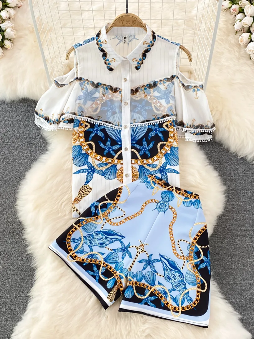 European Fashion Women Two Piece Set 2022 Summer Floral Print Clothing Sets Off Shoulder Buttons Casual Shirt and Shorts Suits
European Fashion Women Two Piece Set 2022 Summer Floral Print Clothing Sets Off Shoulder Buttons Casual Shirt and Shorts Suits