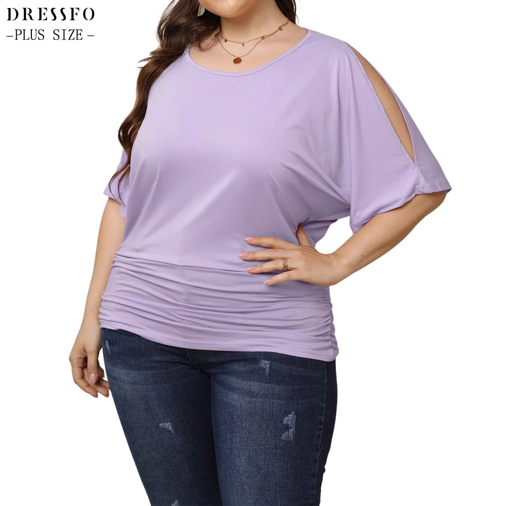 

Dressfo Plus Size Casual Pastel Color Tops For Women Slit Sleeve Round Neck Ruched Oversized Tee For Summer