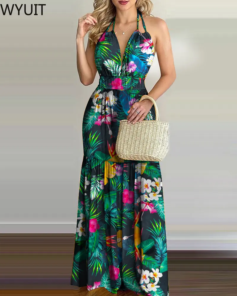 Женское Макси-платье с открытой спиной и тропическим принтом, без рукавов
Женское Макси-платье с открытой спиной и тропическим принтом, без рукавов