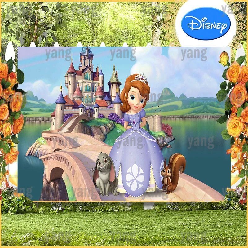 

Cartoon Custom Romantic Disney Cute Rabbit Princess Sofia Sumptuous Water Castle Backdrop Birthday Party Photography Background