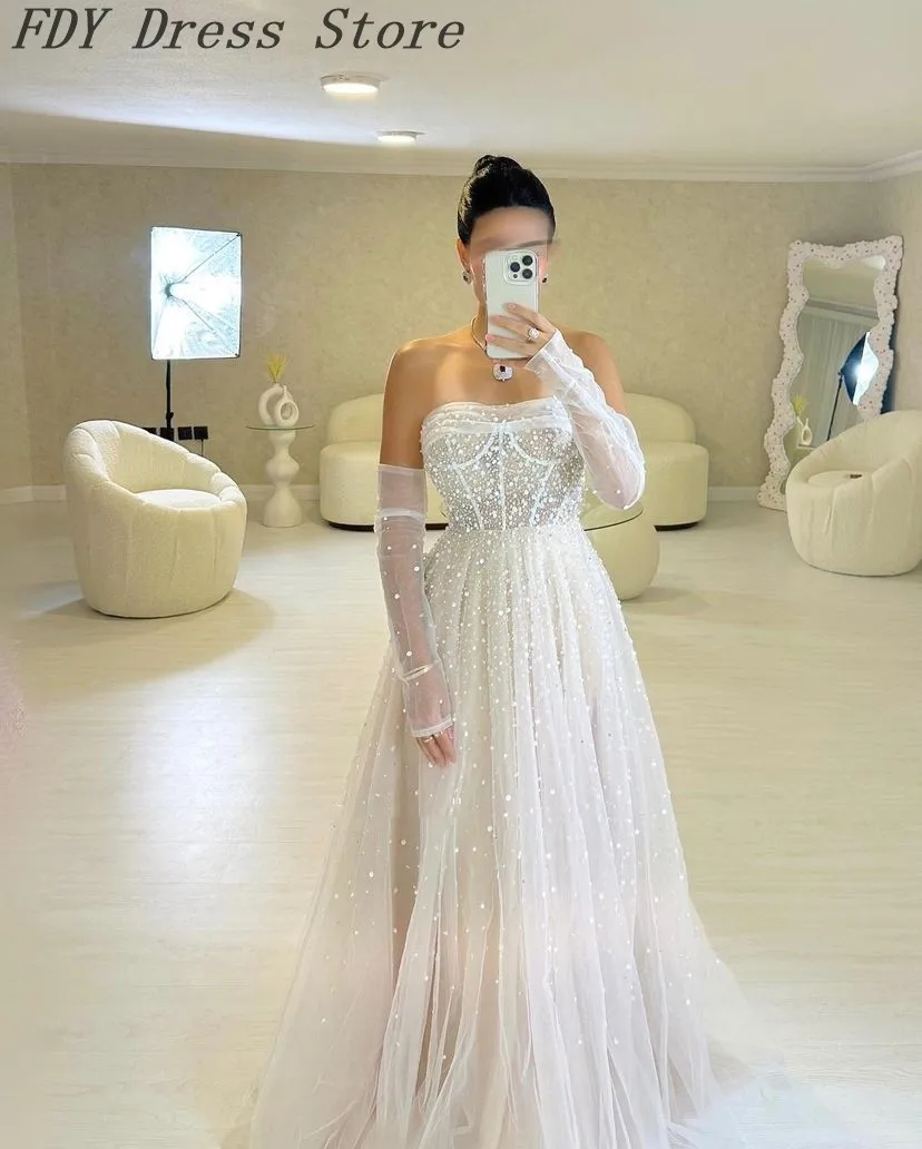 Vintage Long Evening Dresses with Sleeves Strapless Prom Dresses Beadings Pearls Tulle Floor Length Formal Party Dresses 
Vintage Long Evening Dresses with Sleeves Strapless Prom Dresses Beadings Pearls Tulle Floor Length Formal Party Dresses
