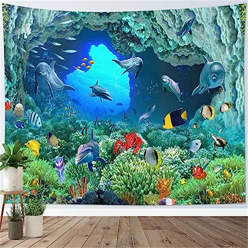 

Dolphin Tapestry Tropical Fish and Coral Reef In Cave Under Deep Sea Wall Hanging Underwater World Kid Bedroom Living Room Dorm