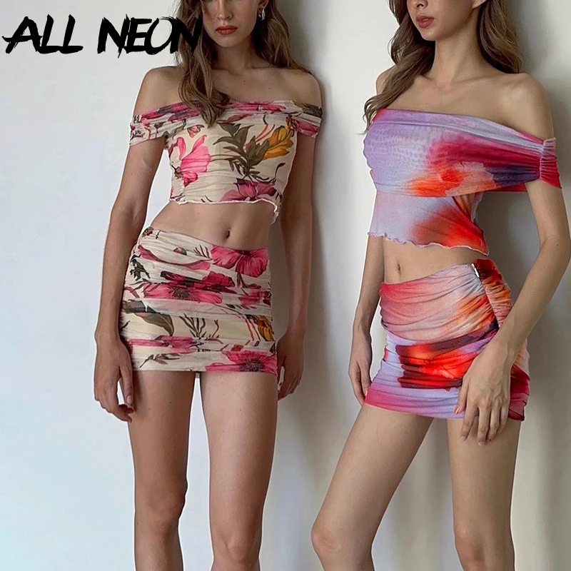 

ALLNeon 90S Fairy Florals Print Co-Ord Suits Sexy Off Shoulder Crop Tops Slim Pleated Hipster Mini Skirts Two Piece Set Y2K 2023