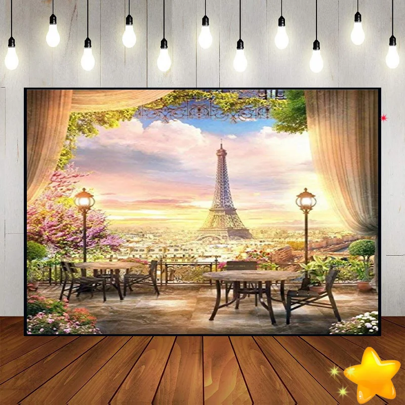 

Pink Flowers Trees Eiffel Tower Themed Global Travel Landmark On Earth Background Baby Shower Party Photography Backdrops Vinyl