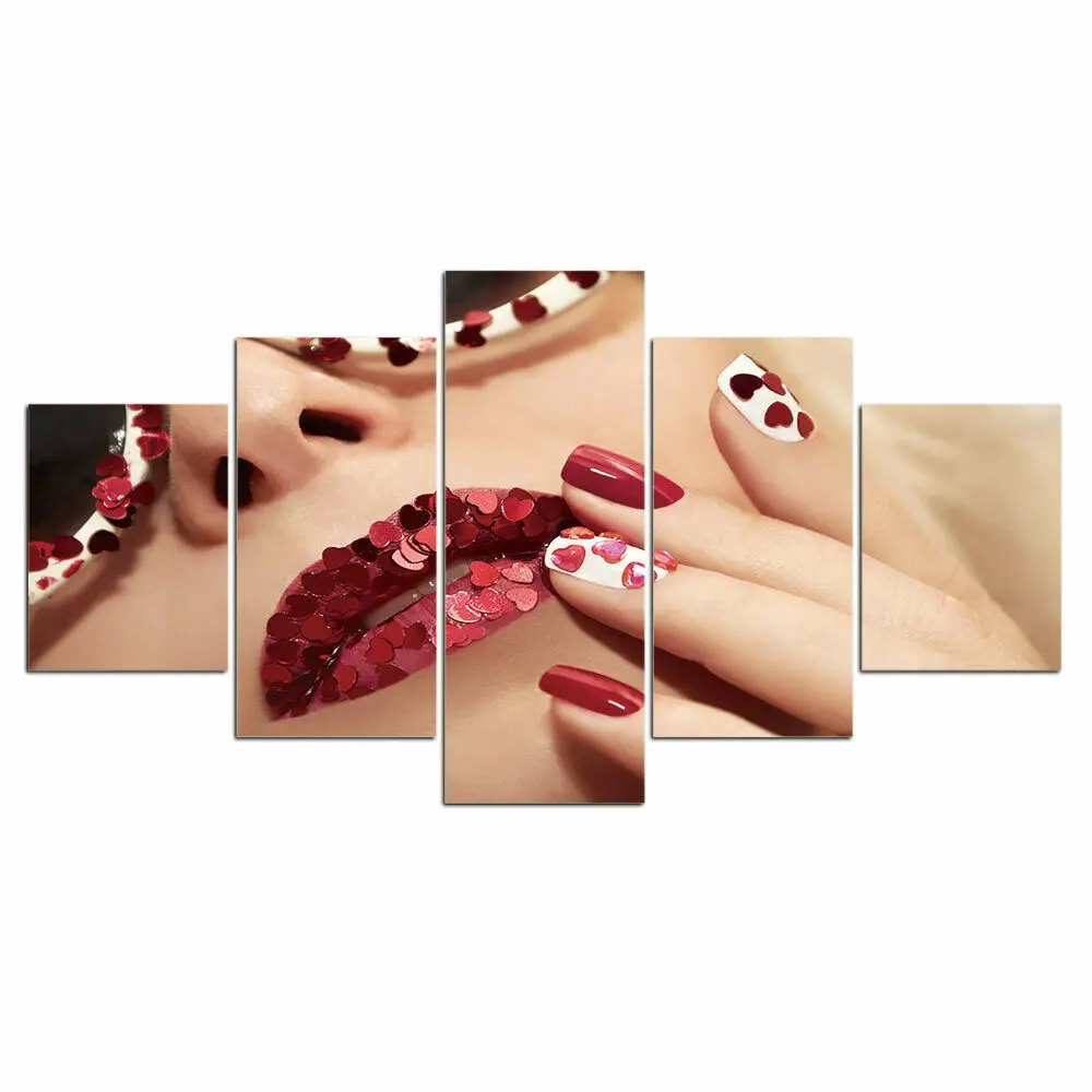 

No Framed Canvas 5Pcs Heart Lips Nail Spa Beauty Cuadros Wall Art Posters Pictures Paintings Home Decor Living Room Decoration